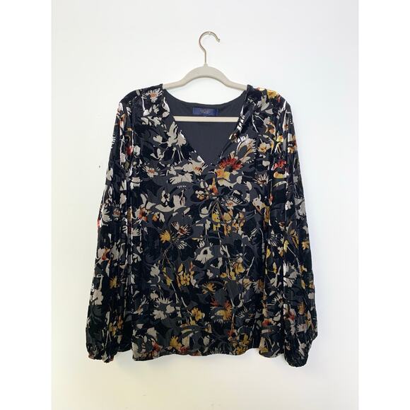 Rachel Roy Black Floral Velvet Blouse Womens 2X V-Neck Long Sleeve Boho Burnout - Picture 1 of 9
